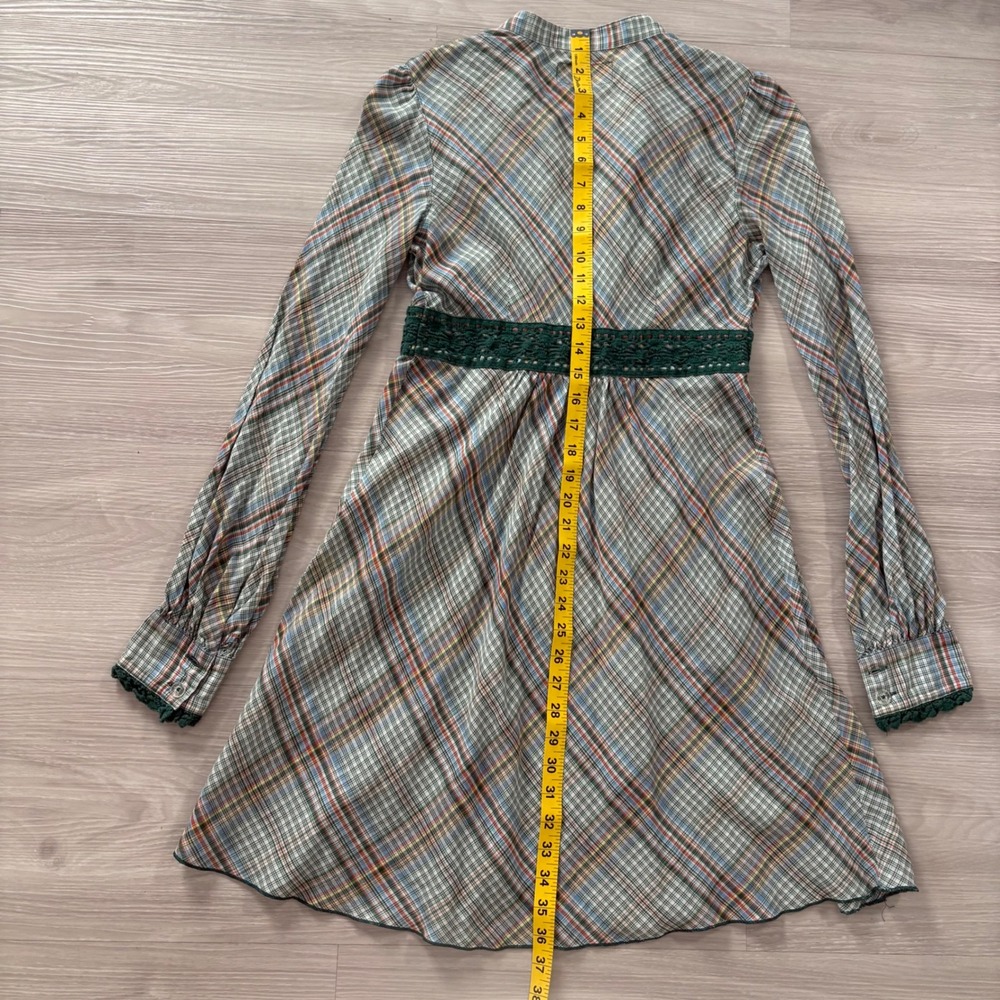 Free People Plaid Mini Dress Women Green Crochet Lace Empire Waist Long Sleeve 6 - Picture 11 of 14